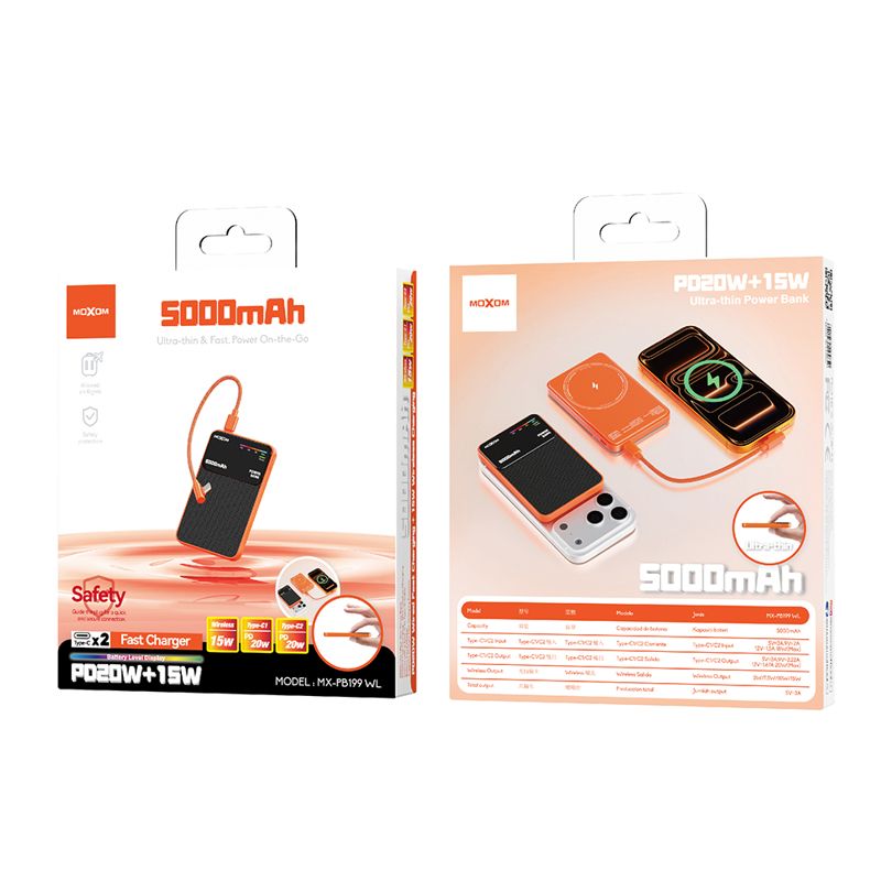 Power Bank Magsafe Moxom MX-PB199 fast PD 20W + wireless 15W Type C - Type C 5000mAh narandžasti