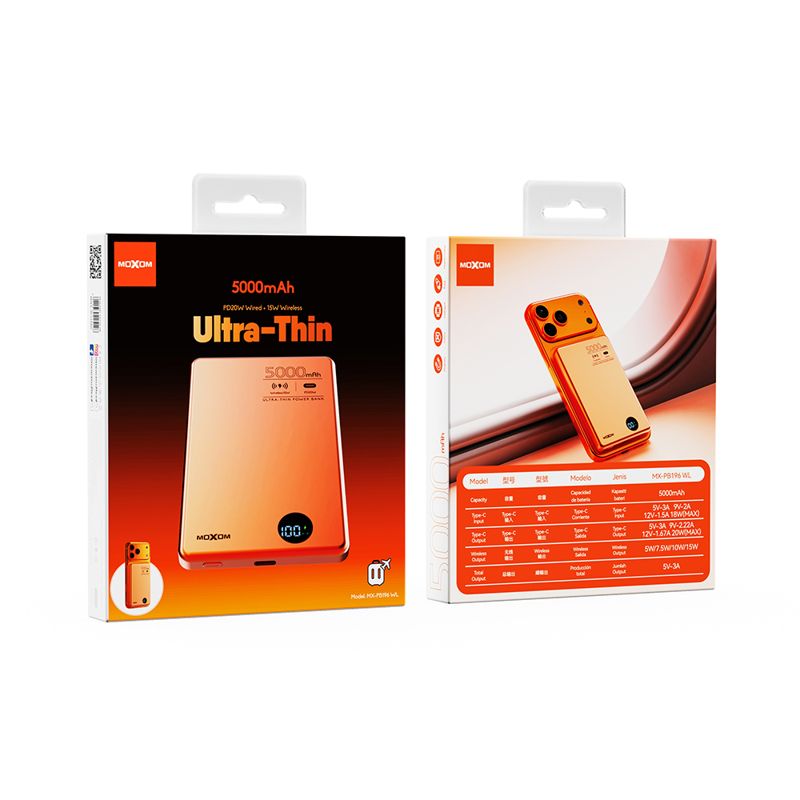 Power Bank Magsafe Moxom MX-PB196 PD 20W + QC 22.5W + wireless 15W 5000mAh narandžasti