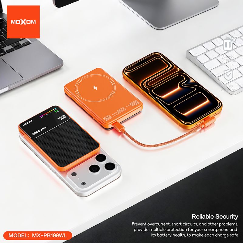 Power Bank Magsafe Moxom MX-PB199 fast PD 20W + wireless 15W Type C - Type C 5000mAh narandžasti