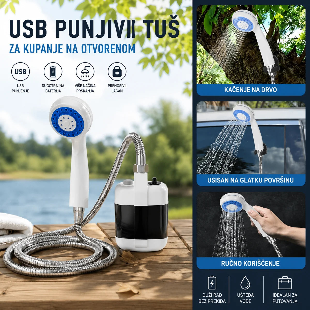 Prenosivi USB punjivi tuš – za kampovanje i putovanja