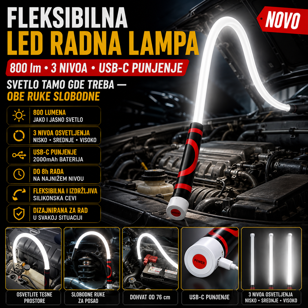 Fleksibilna LED radna lampa 800 lm – savitljiva i punjiva