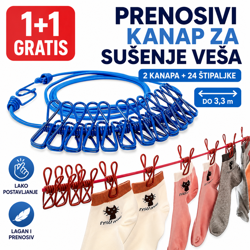 Prenosivi kanap za sušenje veša sa 12 štipaljki – 1+1 GRATIS