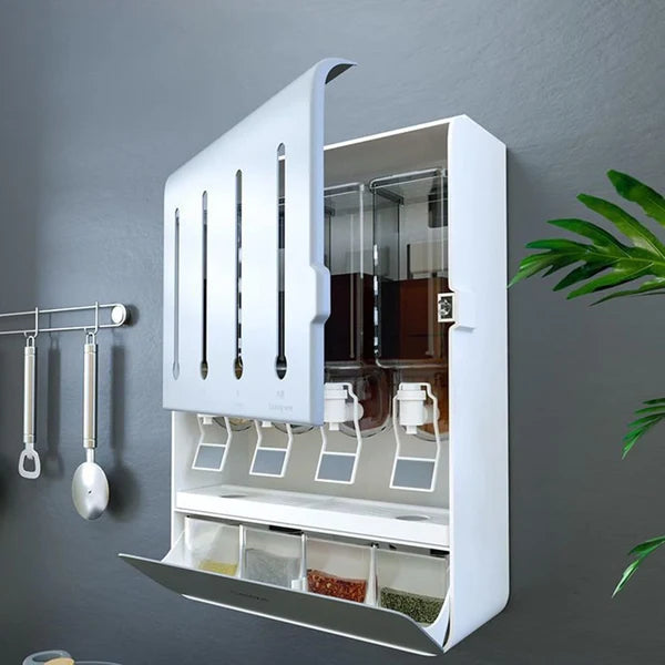 Zidni organizator za začine 8-u-1 – 4 dozatora + 4 posude
