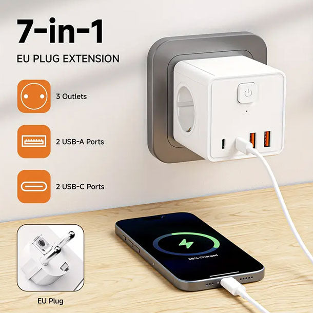 Multifunkcionalni zidni adapter 7u1 – 3 utičnice + 4 USB porta