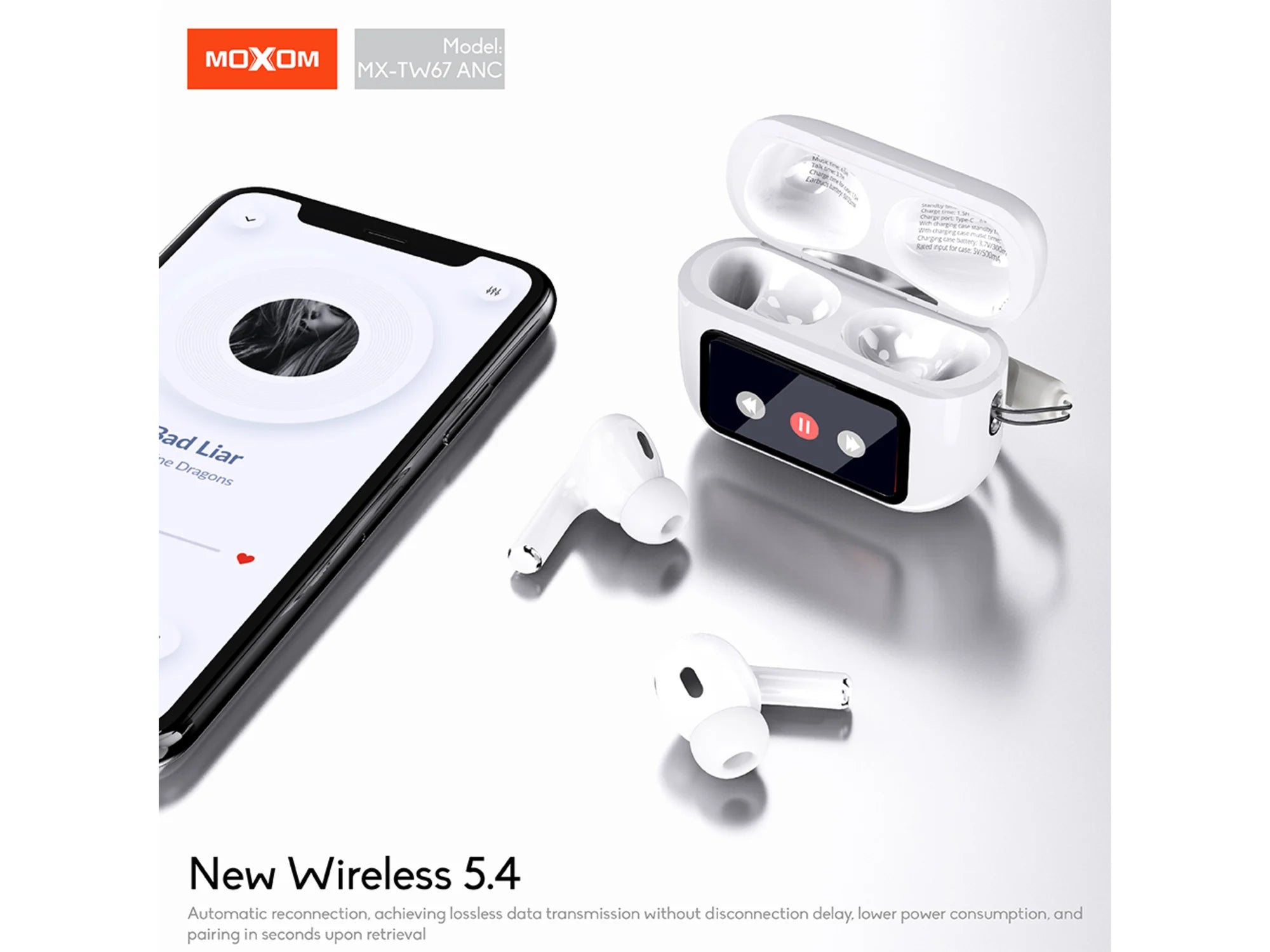 Slušalice Bluetooth Moxom MX-TW67 ANC sa LED ekranom